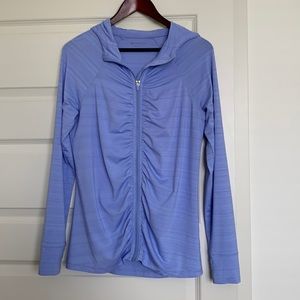 Full zip hoodie jacket, rated UPF 50 sun protection, polyester & spandex.